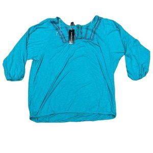 Karen Brooks Blue Long Sleeve Blouse Size 2X Womens Plus Pink Embroidered Boho